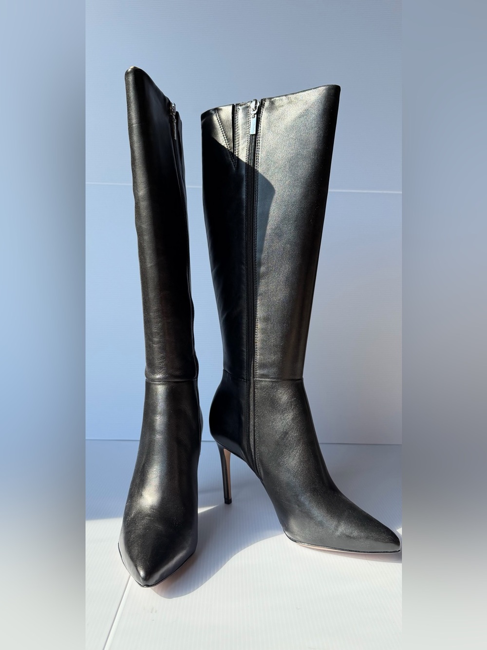 Schutz Magalli Black Leather Knee High Stiletto Boots Size 8